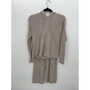Soma Women XS Tan Boucle Knit Lounge Set Hoodie and Wide Leg Pants 2 Piece
